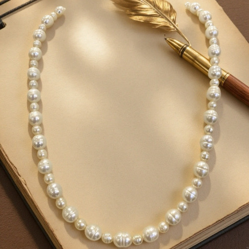 Lucky Gourd & Linked Pearls--White Pearl AAAA+ Necklace With Mini Baroque