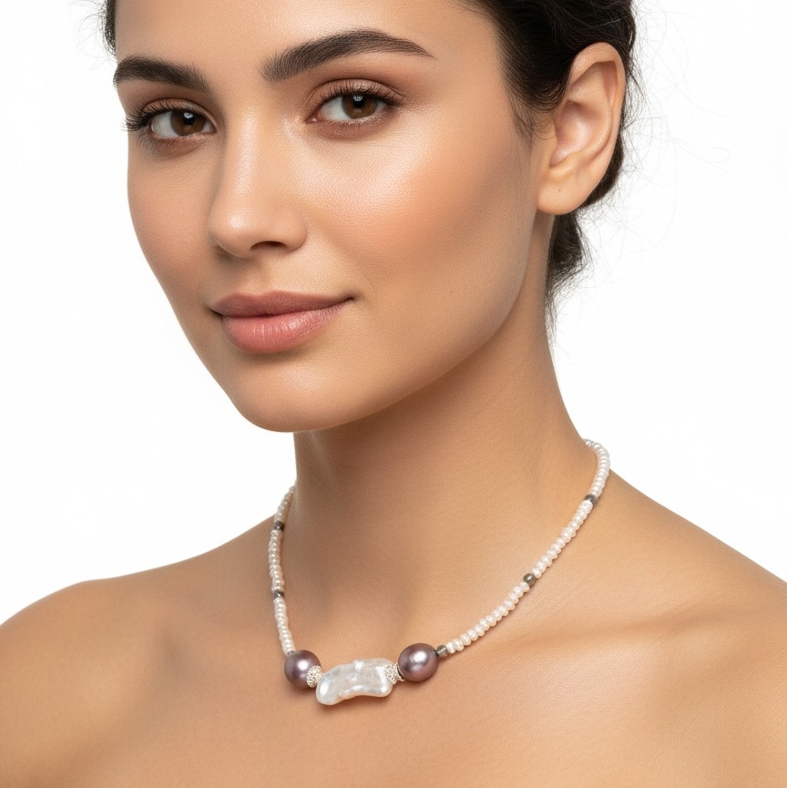 Moon Halo & Purple Haze - Handmade White & Purple Baroque Pearl Necklace