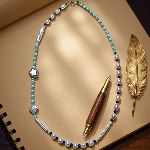Golden-Pink Pearls & Blue Waves--Handmade AAAAA+ quality 6*8mm  Golden-Pink Pearl Necklace with Lapis & Turquoise