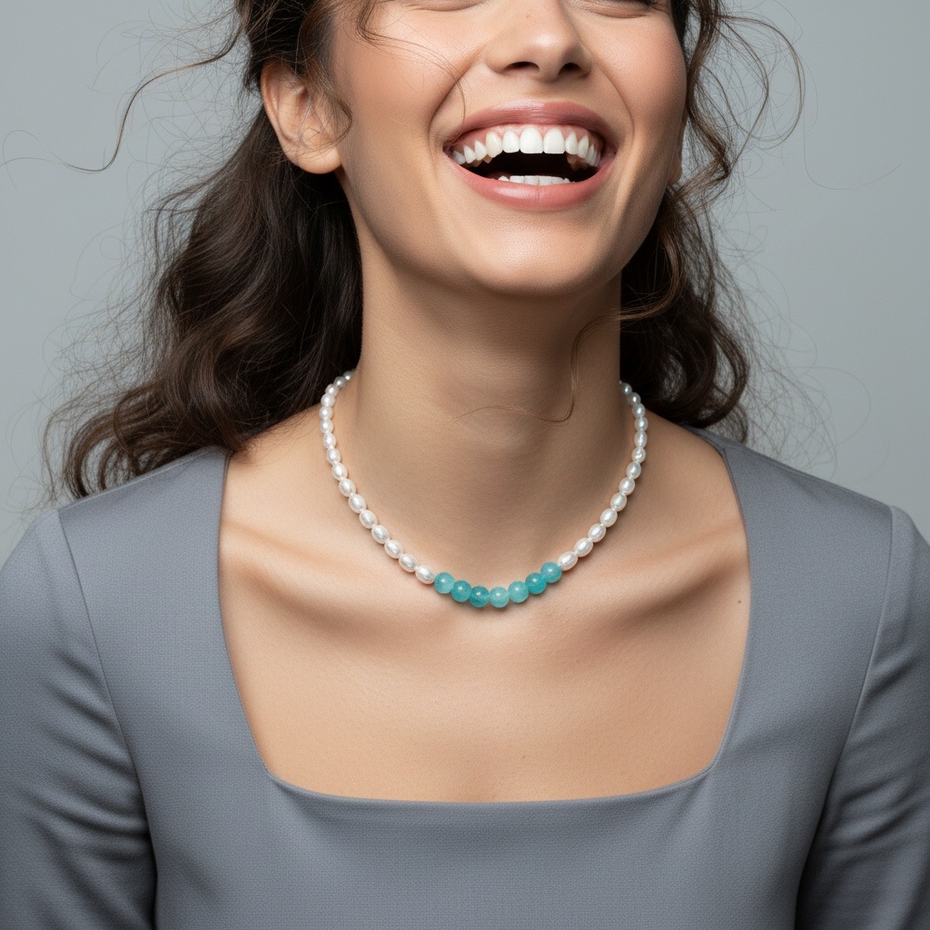 Ocean Moon & Pearls--Handmade Pearl Necklace with Aquamarine Center-Yasvitti Pearl Jewelry