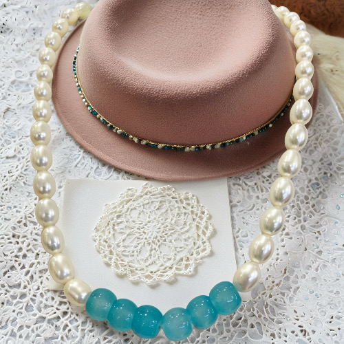Ocean Moon & Pearls--Handmade Pearl Necklace with Aquamarine Center-Yasvitti Pearl Jewelry