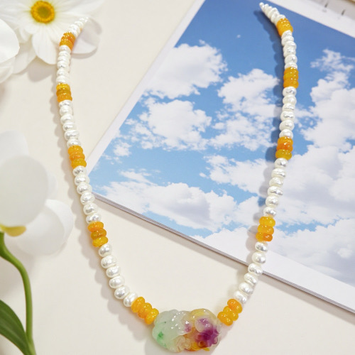 Colorful Pixiu & Lucky Pearls--Handmade Baroque Pearl Necklace with Jade Kirin at center-Yasvitti Pearl Jewelry