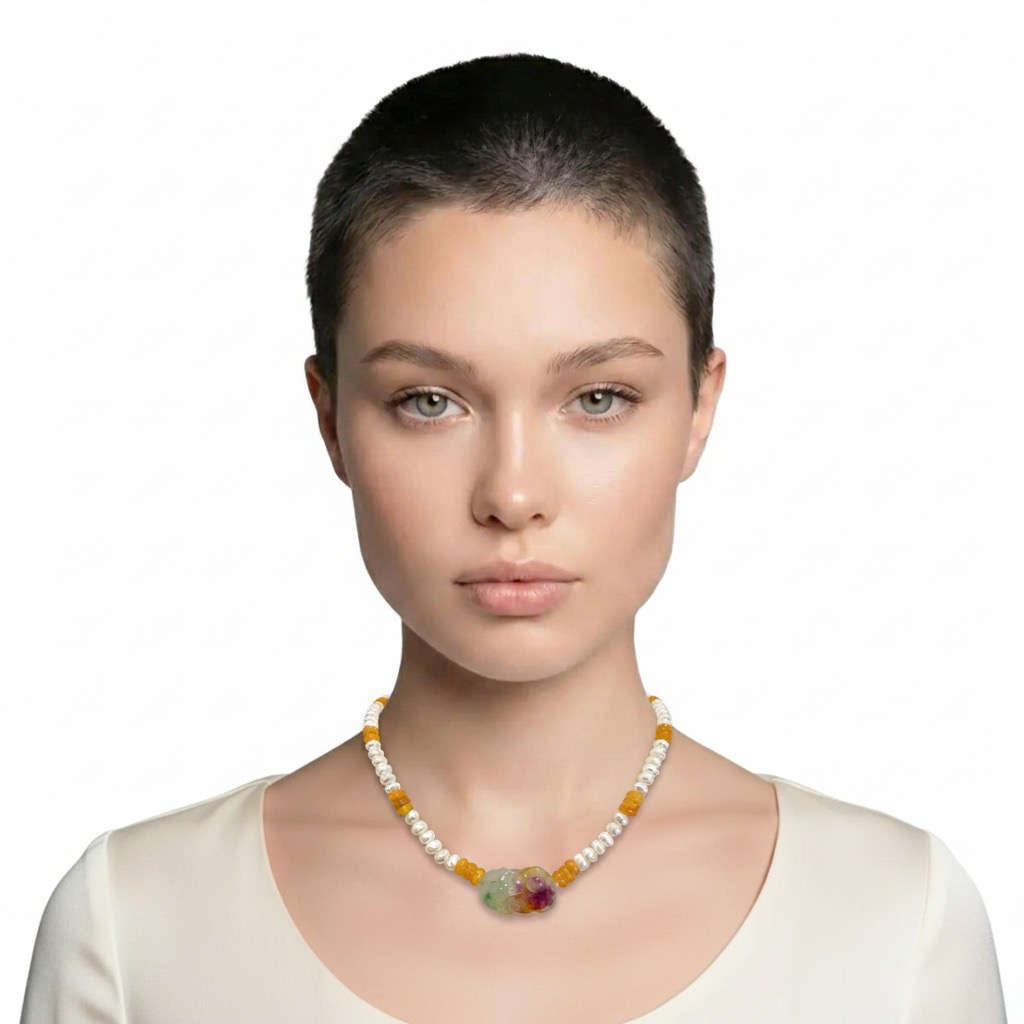 Colorful Pixiu & Lucky Pearls--Handmade Baroque Pearl Necklace with Jade Kirin at center-Yasvitti Pearl Jewelry