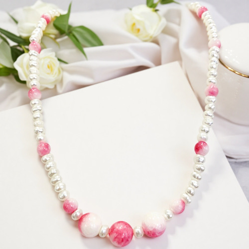 Peach Blossom Linked Pearls--Handmade Baroque Pearl Necklace with Peach Blossom Jade-Yasvitti Pearl Jewelry