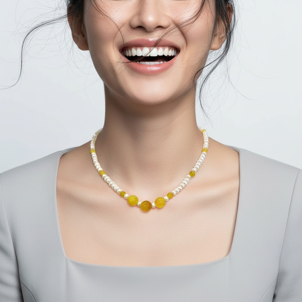 Golden Halo Linked Pearls--Handmade Baroque Pearl Necklace with Golden Chalcedony & Jadeite-Yasvitti Pearl Jewelry