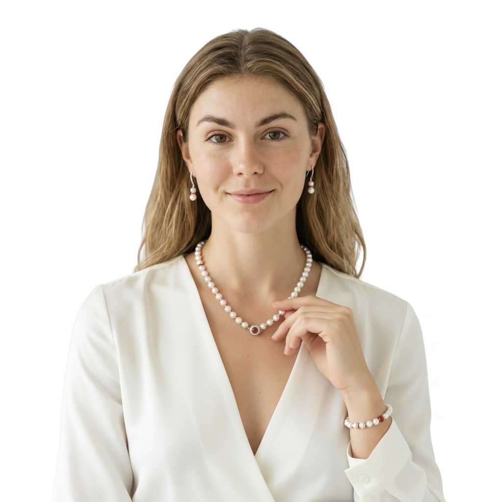 Red Agate & Moon Pearls--Handmade White Pearl Jewelry Set with Red Agate Center Accent-Yasvitti Pearl Jewelry
