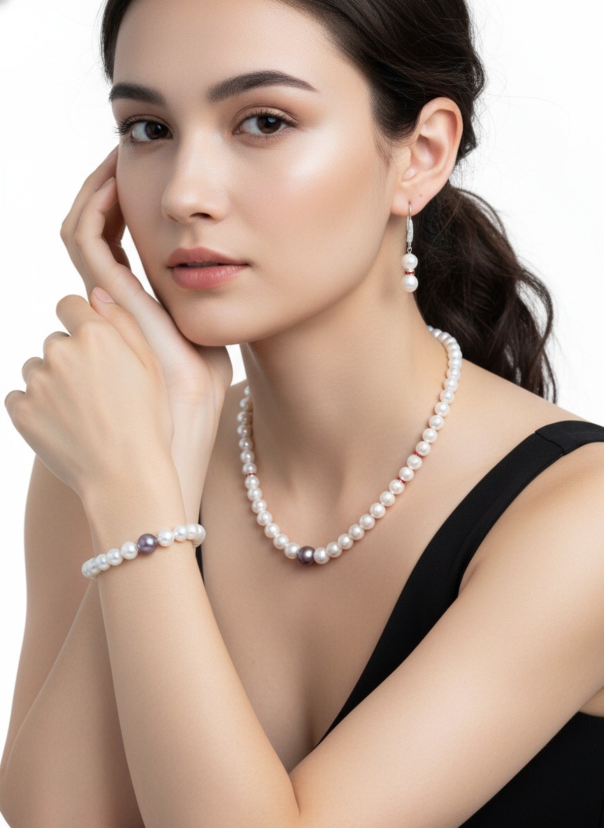 Purple Pearl & Moonlight--Handmade White Pearl Jewelry Set with Purple Pearl at Center-Yasvitti Pearl Jewelry