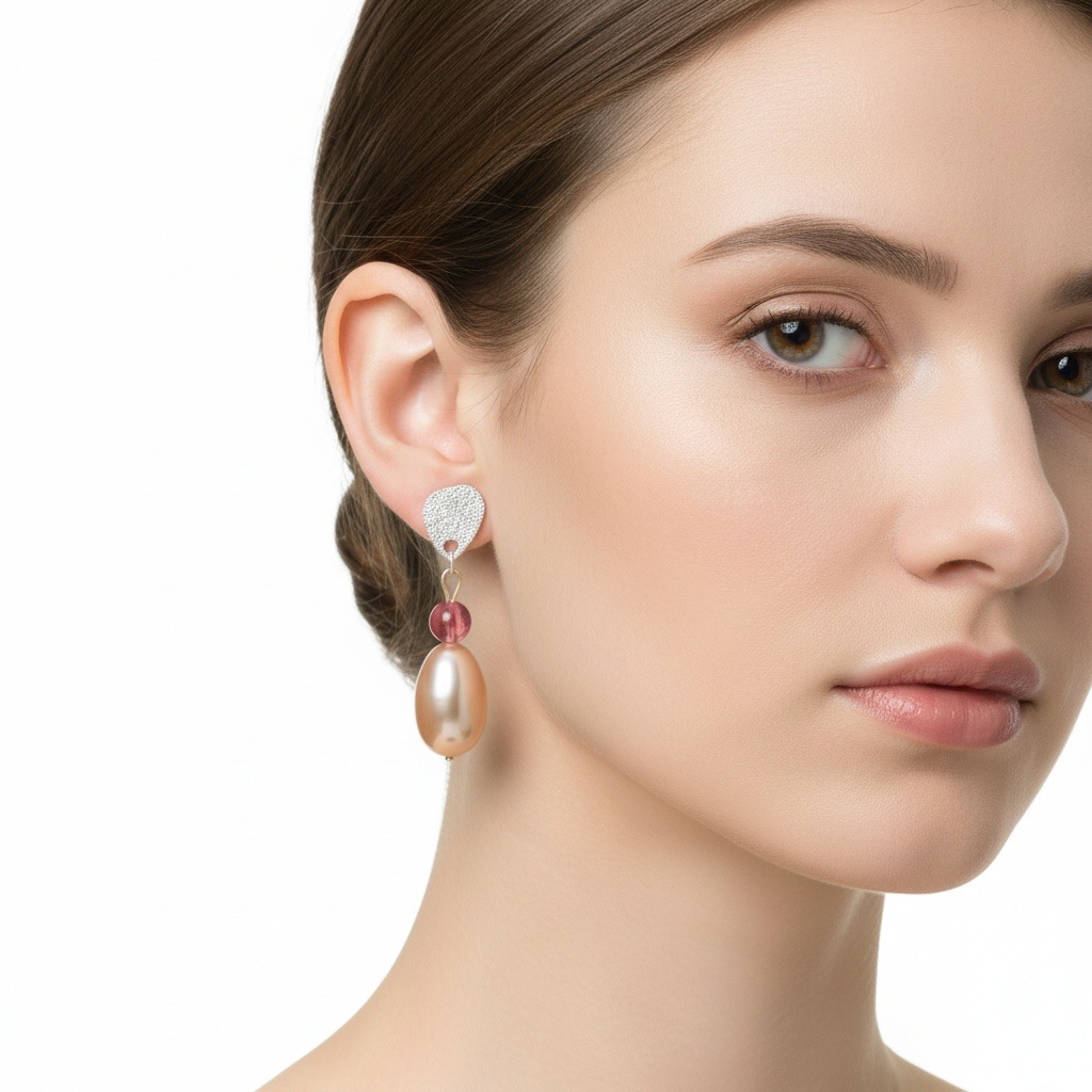 Peach Tourmaline & Twin Pearls--Pink Pearl & Red Tourmaline Stud Earrings | Handmade Jewelry