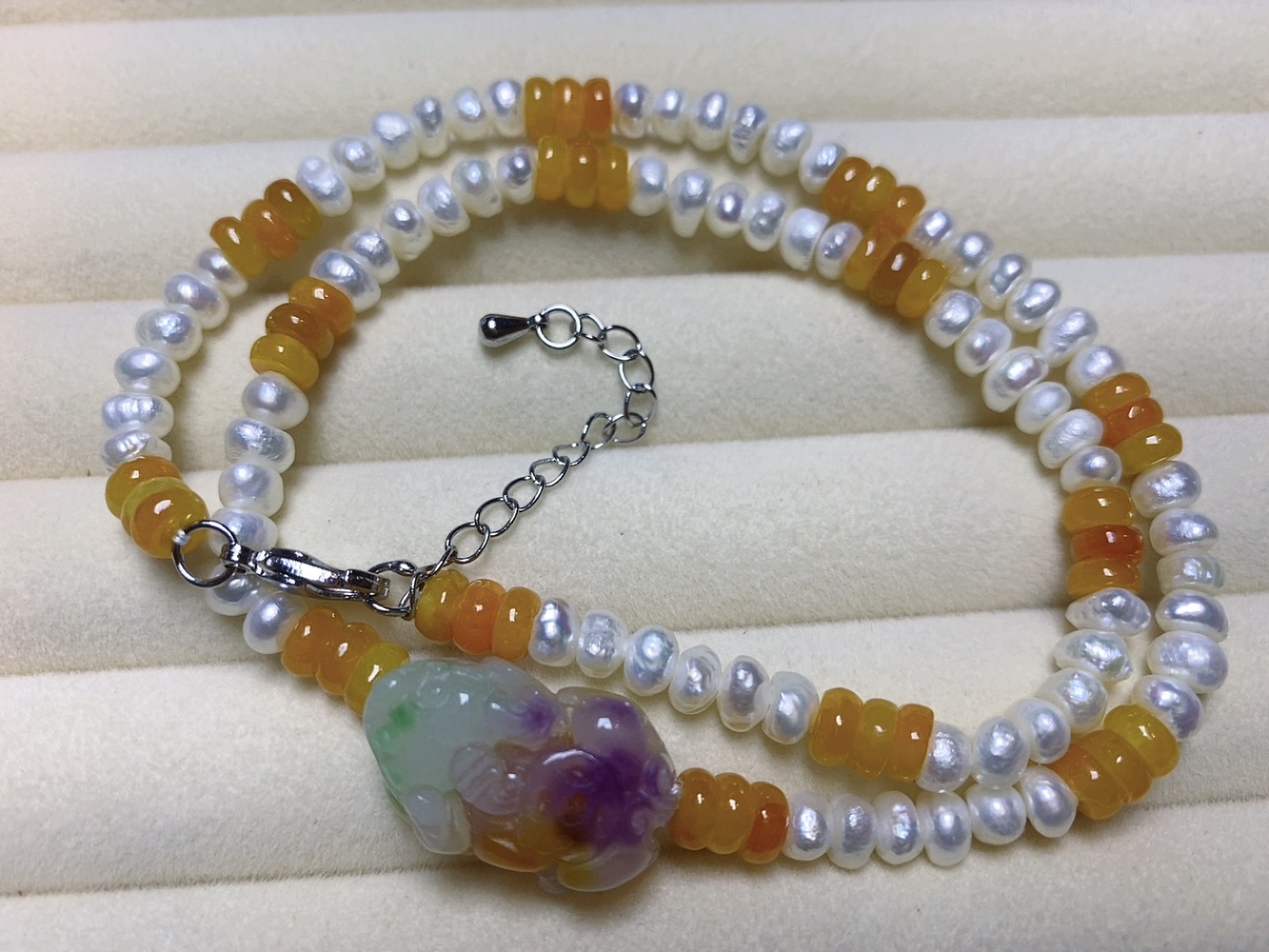 Colorful Pixiu & Lucky Pearls--Handmade Baroque Pearl Necklace with Jade Kirin at center-Yasvitti Pearl Jewelry