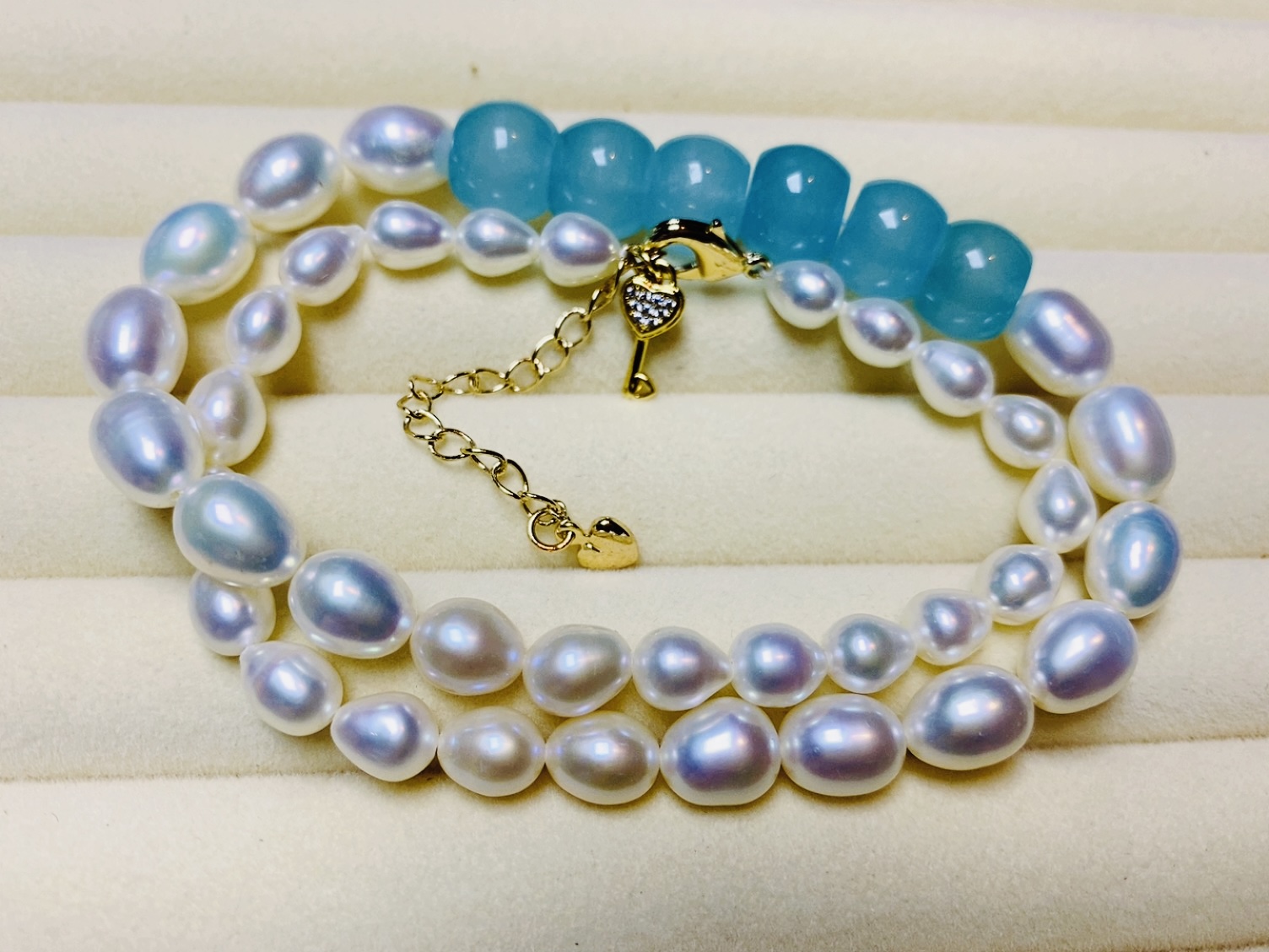 Ocean Moon & Pearls--Handmade Pearl Necklace with Aquamarine Center