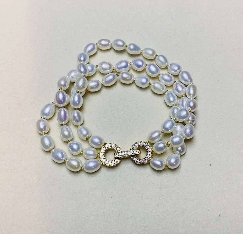 Three Layers of Moon Halo--Handmade Triple-Strand Pearl Bracelet with Golden Thread Accents
