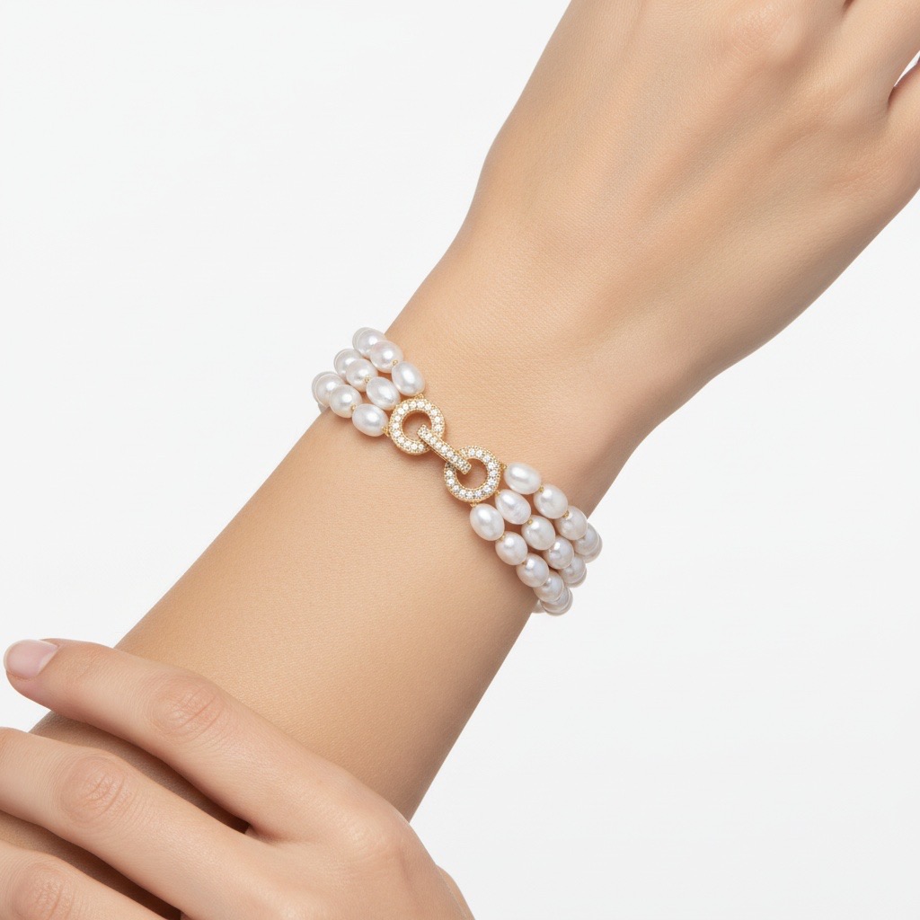Three Layers of Moon Halo--Handmade Triple-Strand Pearl Bracelet with Golden Thread Accents-Yasvitti Pearl Jewelry