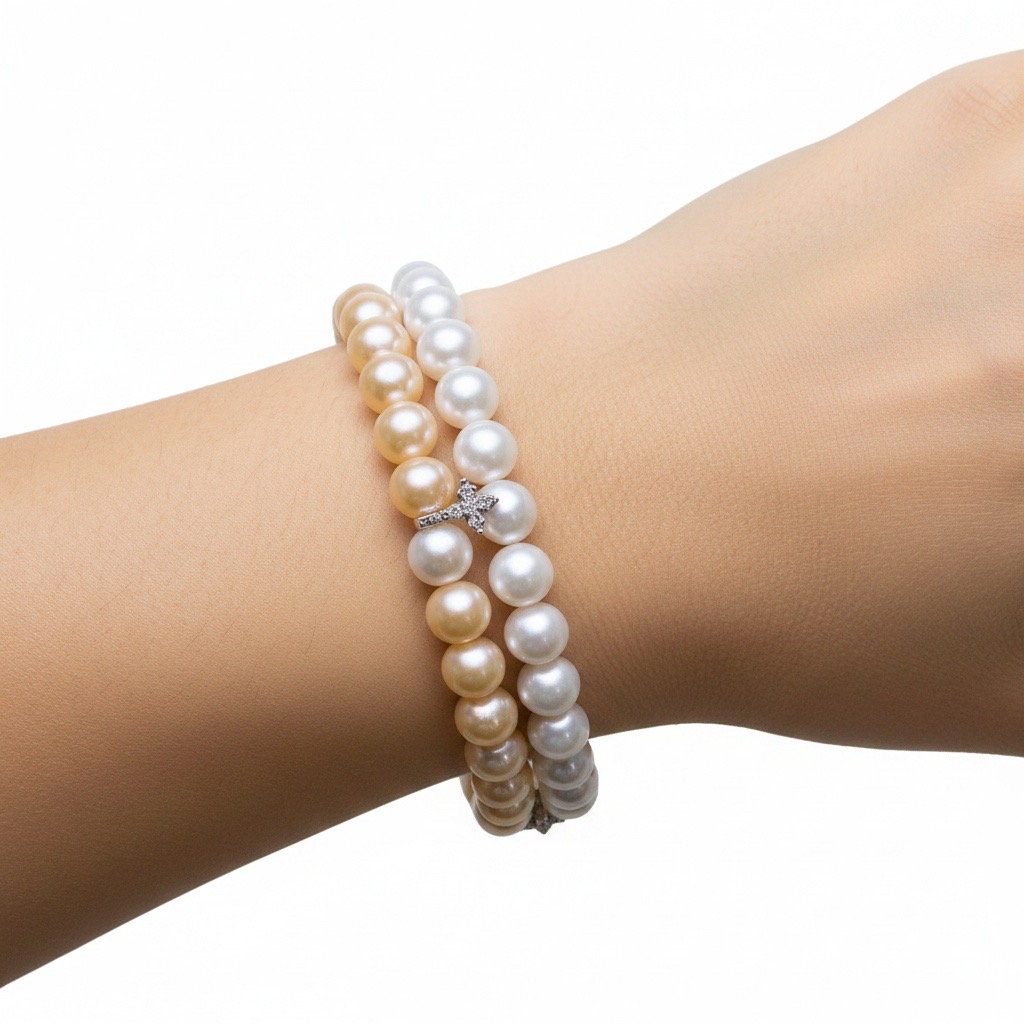 Butterfly Shadow & Sunset Halo--Handmade AAAAA+ Double-Strand Pearl Bracelet with Zircon Silver Accents & Butterfly Silver Clasp-Yasvitti Pearl Jewelry