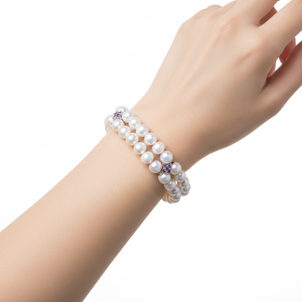 Purple Halo & Twin Pearls--Handmade AAAA+ Handmade Double-Strand Pearl Bracelet with Purple Zircon Silver Accents-Yasvitti Pearl Jewelry