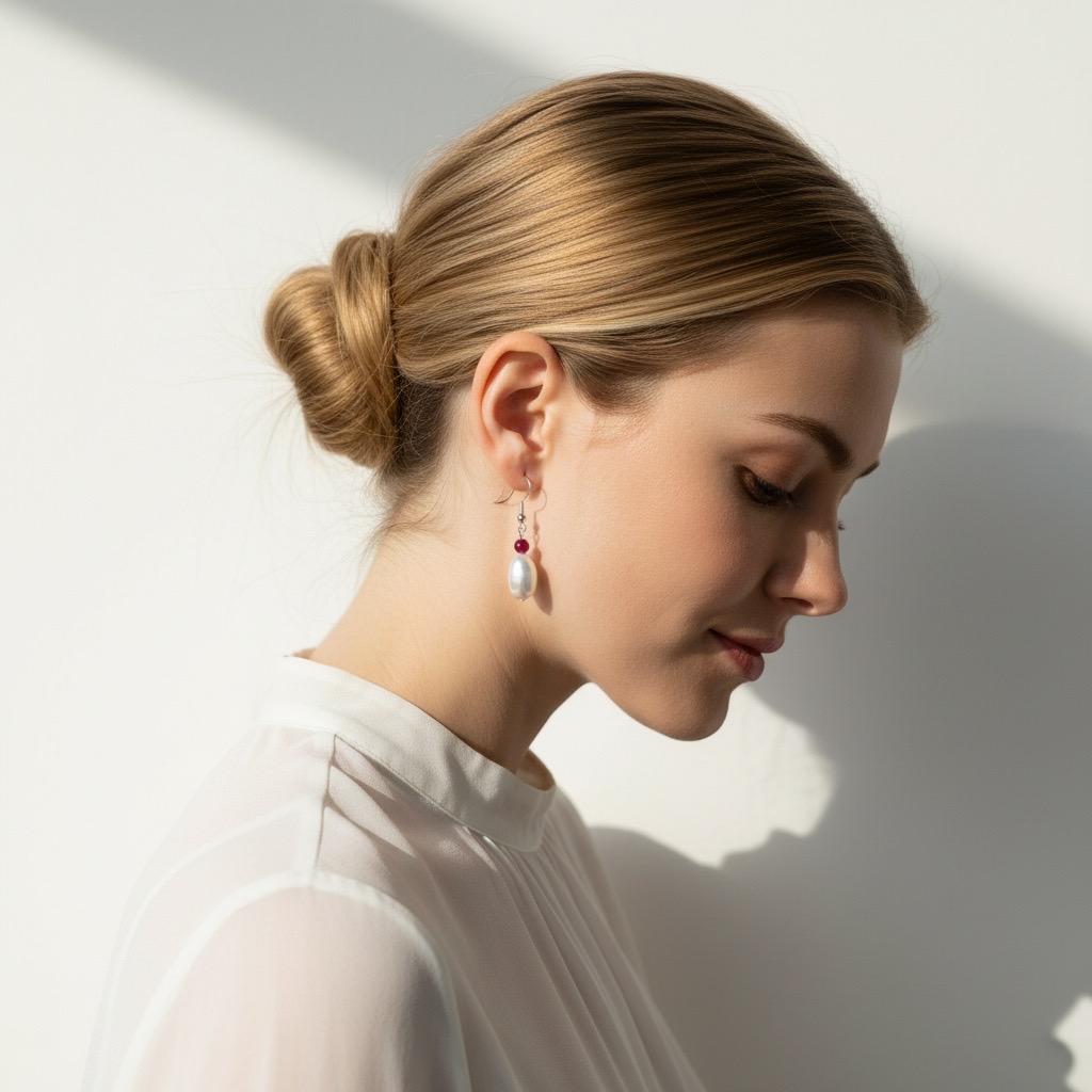 Peach Halo & Hanging Pearls--AAAAAA+ White Pearl & Red Tourmaline Ear Hook | Handmade Jewelry
