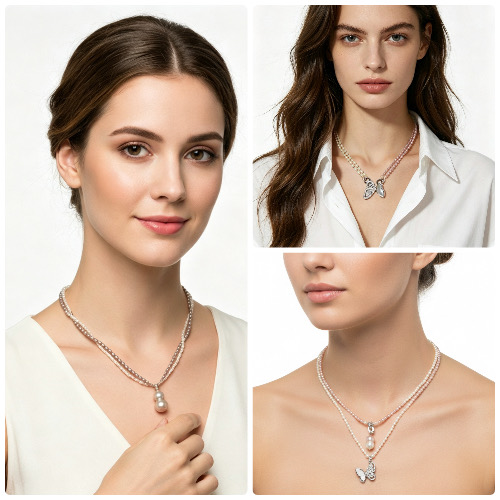 Dual Charm Iridescent Sunset Pearl Necklace--Multi-Wear White & Iridescent Pale Purple Pearl Necklace