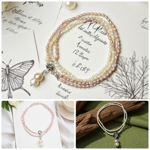 Dual Charm Iridescent Sunset Pearl Necklace--Multi-Wear White & Iridescent Pale Purple Pearl Necklace