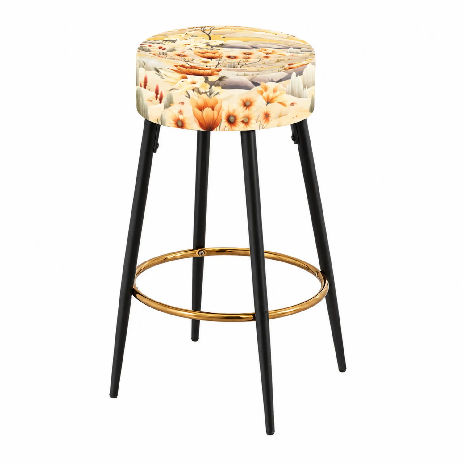 Tabouret de bar rond en tissu floral avec pieds acier noir et métal doré-rusticvillae
