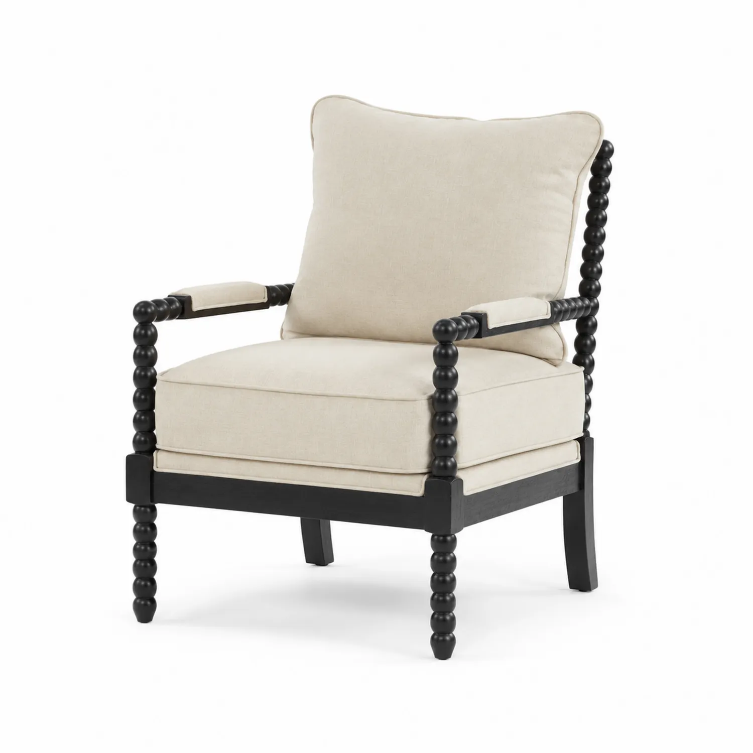 Fauteuil en bois noir avec coussins en lin beige-rusticvillae