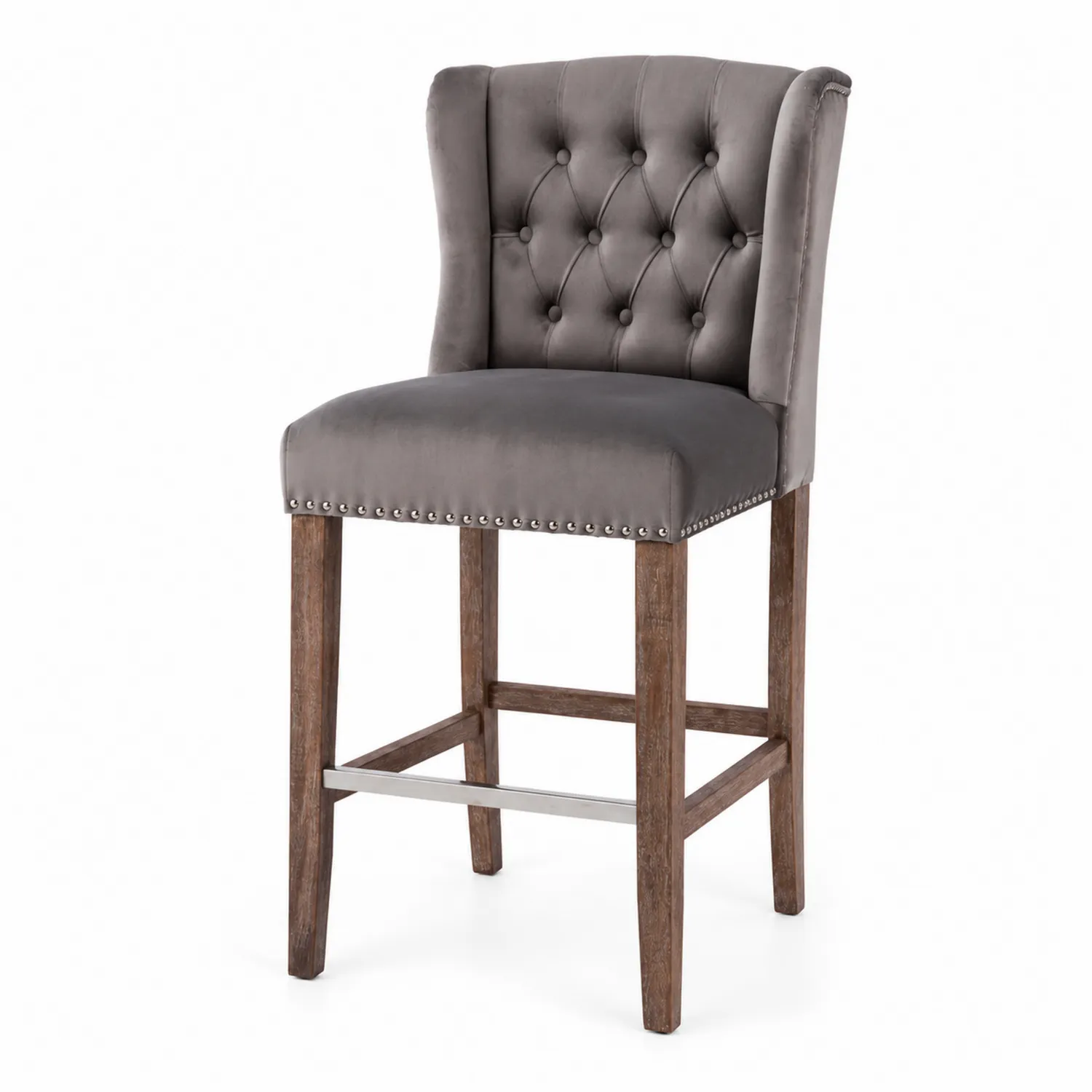 Tabouret de Bar en Velours Gris et Bois-rusticvillae