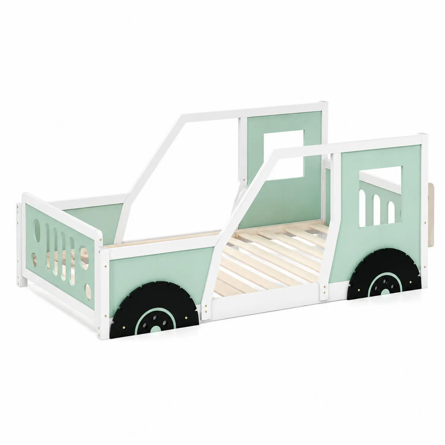 Lit enfant voiture en bois MDF vert et blanc 160x80 cm-rusticvillae