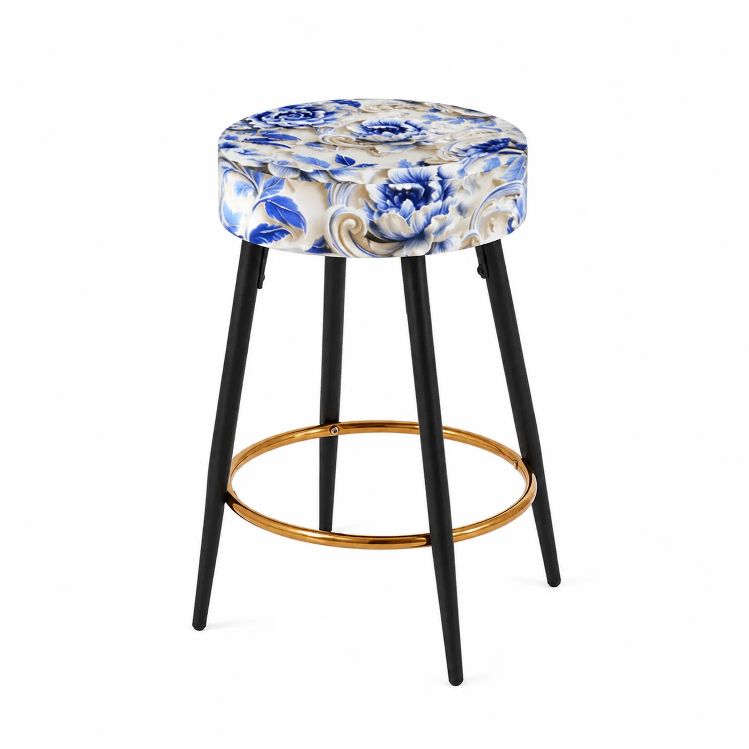 Tabouret de bar en tissu floral bleu et blanc avec pieds en métal noir et repose-pieds doré-rusticvillae