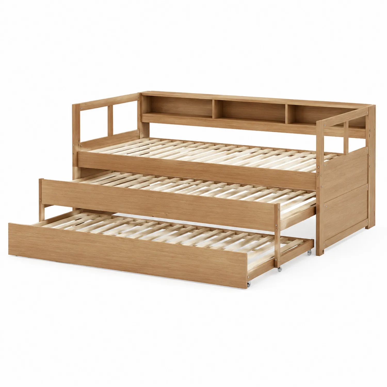 Lit gigogne en bois clair avec étagères intégrées-rusticvillae