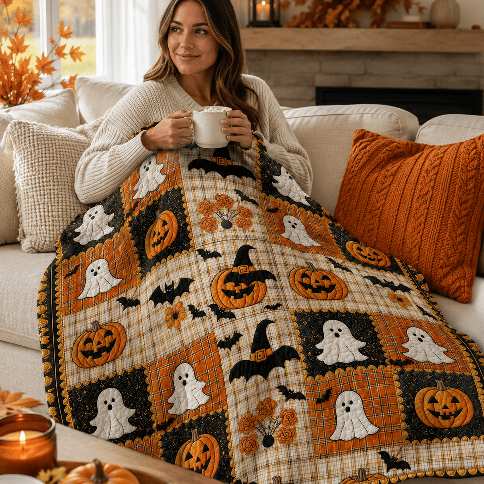 Cozy Halloween Pumpkin & Ghost Throw Blanket for Fall Home Decor