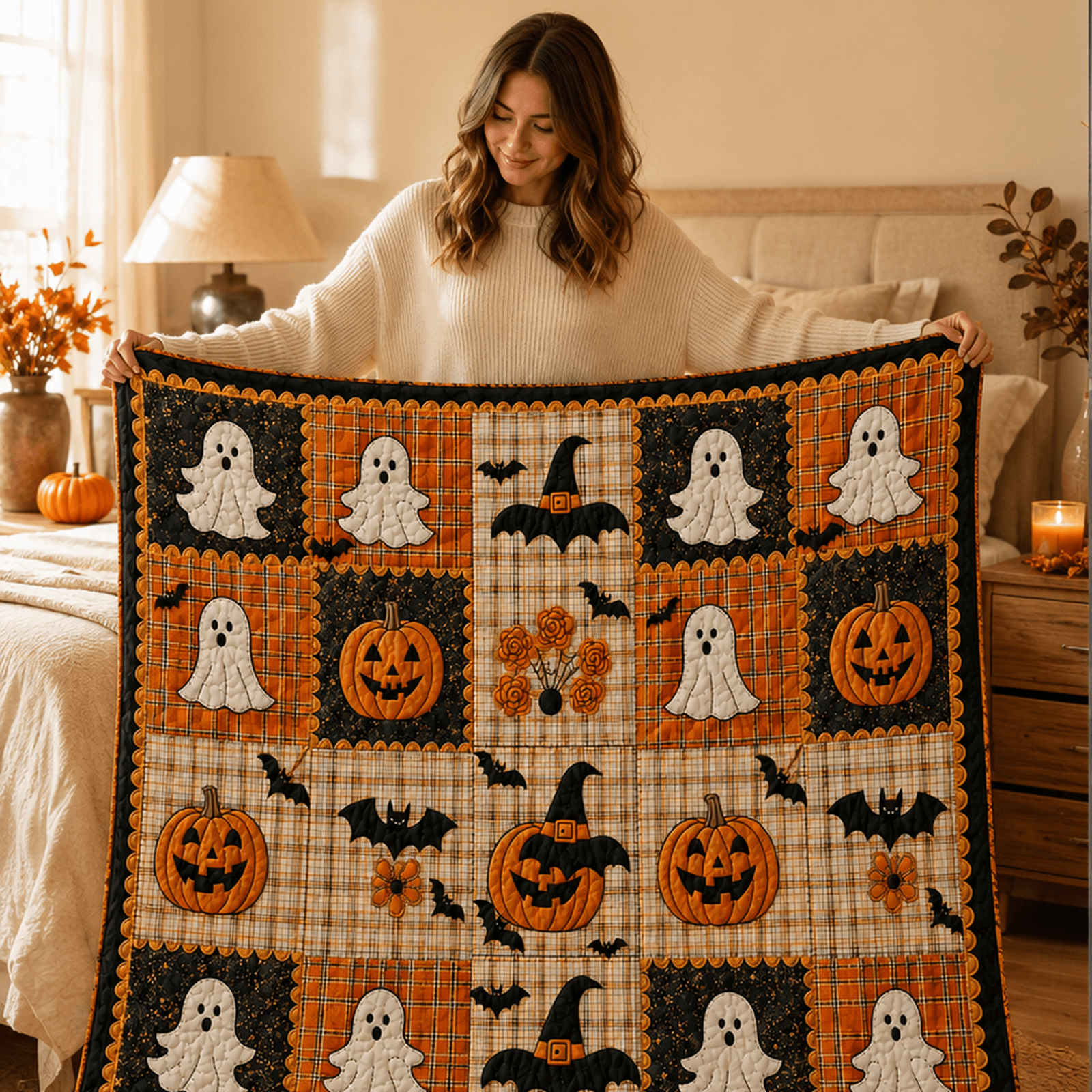 Cozy Halloween Pumpkin & Ghost Throw Blanket for Fall Home Decor