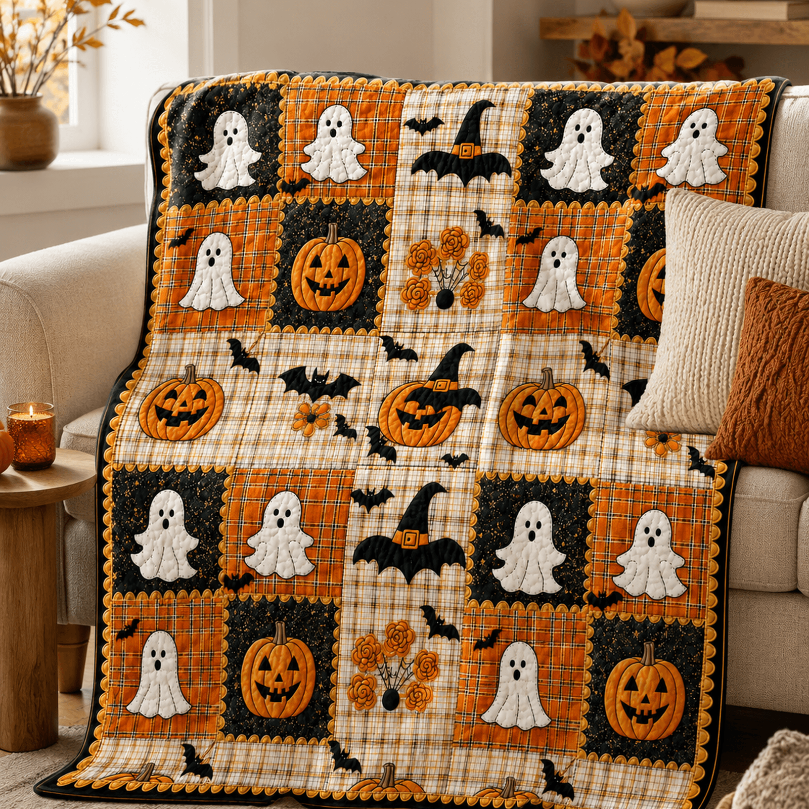 Cozy Halloween Pumpkin & Ghost Throw Blanket for Fall Home Decor