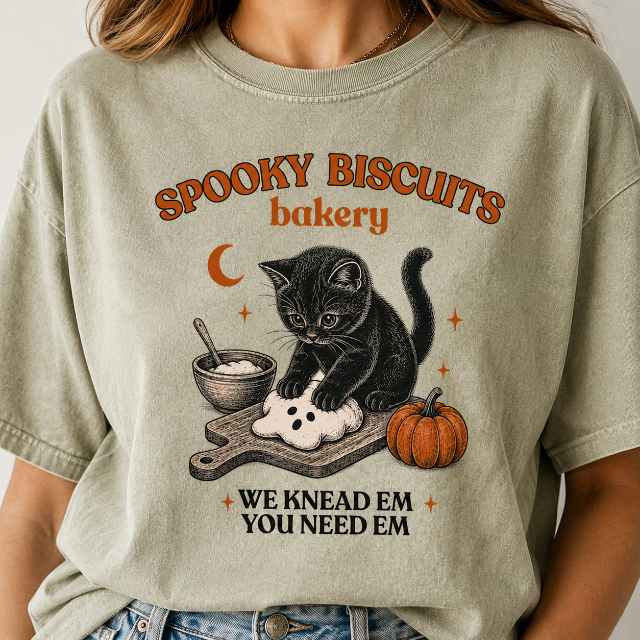 Spooky Biscuits Halloween Shirt, Cute Black Cat Bakery Graphic Tee, Vintage Fall Oversized T-Shirt for Women