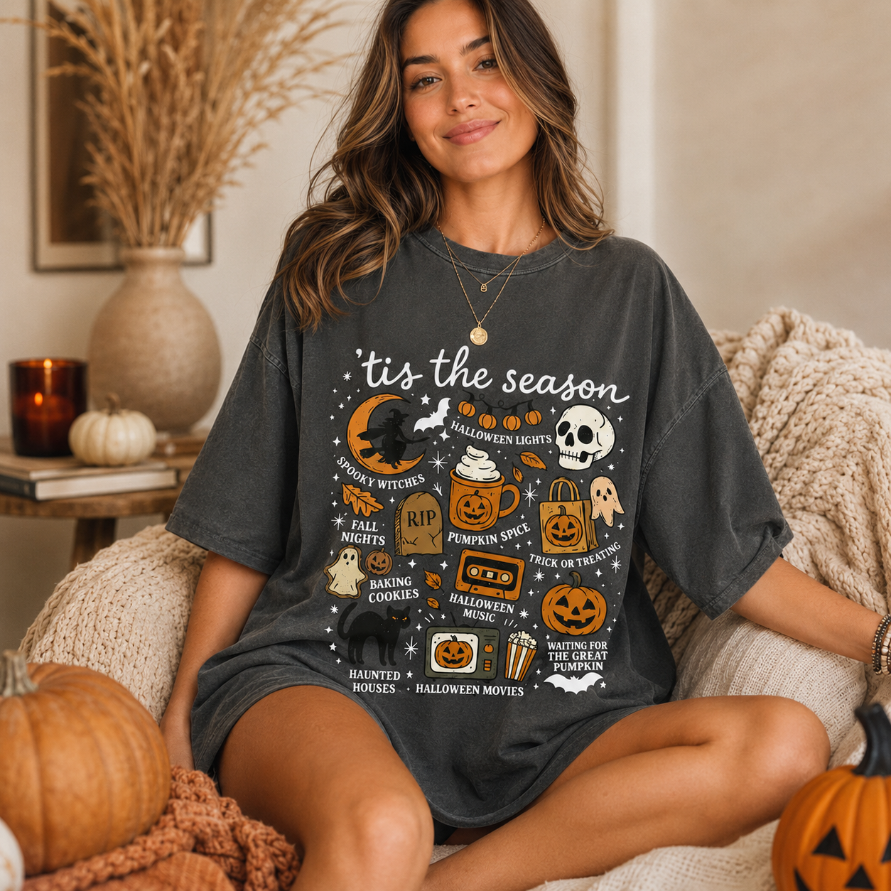The Season Halloween Shirt, Vintage Spooky Fall Graphic Tee, Pumpkin Spice Oversized T-Shirt for Women