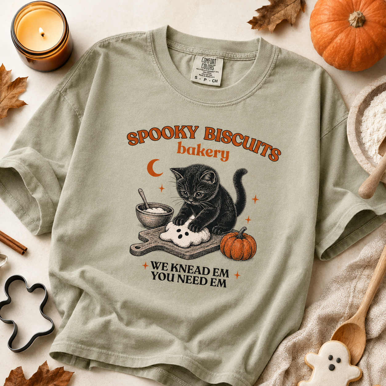 Spooky Biscuits Halloween Shirt, Cute Black Cat Bakery Graphic Tee, Vintage Fall Oversized T-Shirt for Women