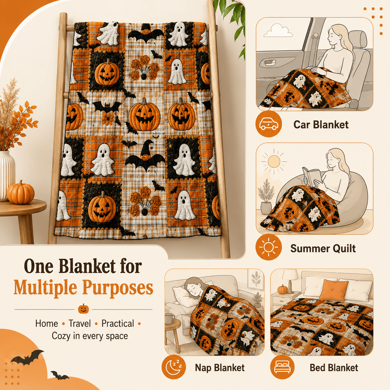Cozy Halloween Pumpkin & Ghost Throw Blanket for Fall Home Decor