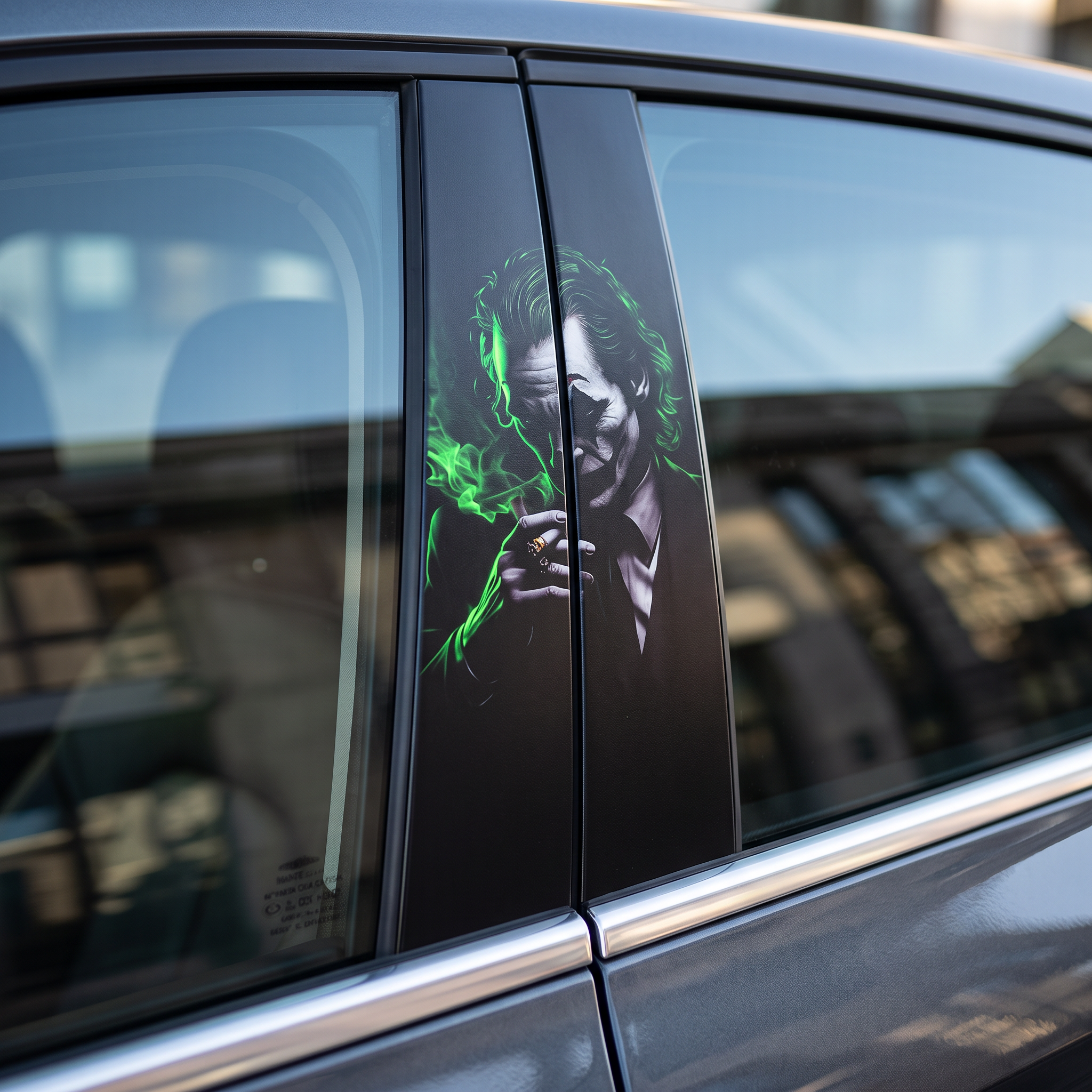 Green Smoke Dark Clown Car Pillar Wrap – Horror Vinyl B-Pillar Decal