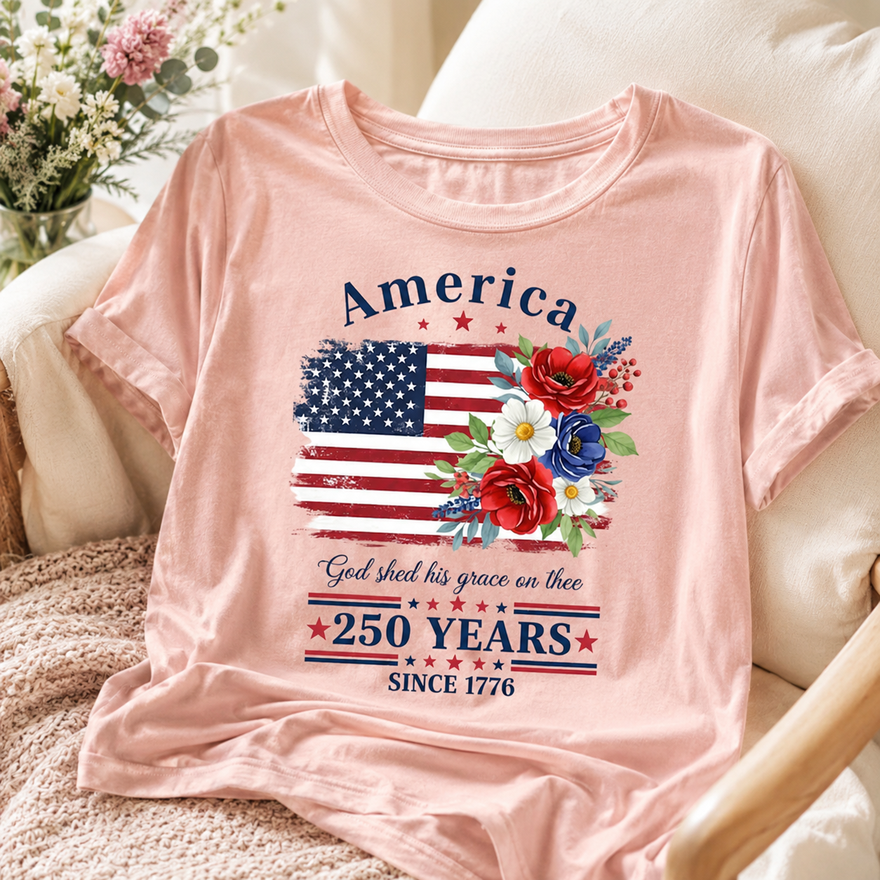 1776 2026 Floral Flag Shirt, 250 Years Patriotic Women’s Tee