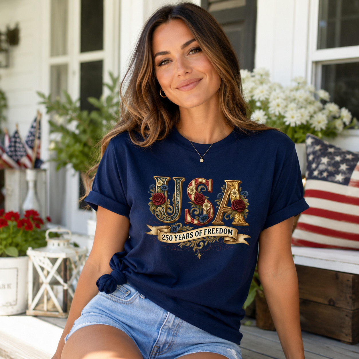 Vintage USA Floral Shirt, 250 Years of Freedom Patriotic Tee