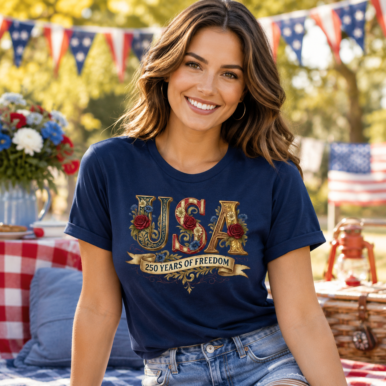 Vintage USA Floral Shirt, 250 Years of Freedom Patriotic Tee