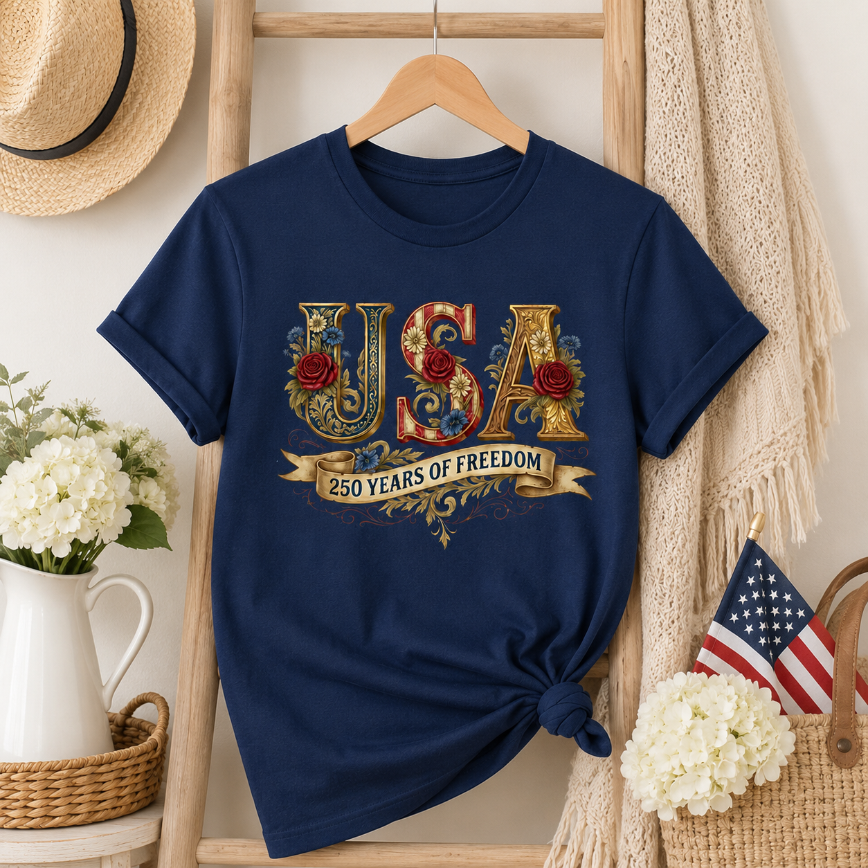 Vintage USA Floral Shirt, 250 Years of Freedom Patriotic Tee