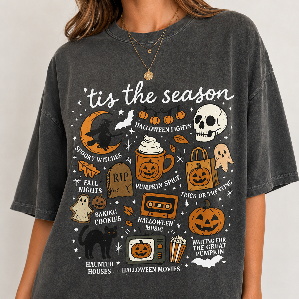 The Season Halloween Shirt, Vintage Spooky Fall Graphic Tee, Pumpkin Spice Oversized T-Shirt for Women