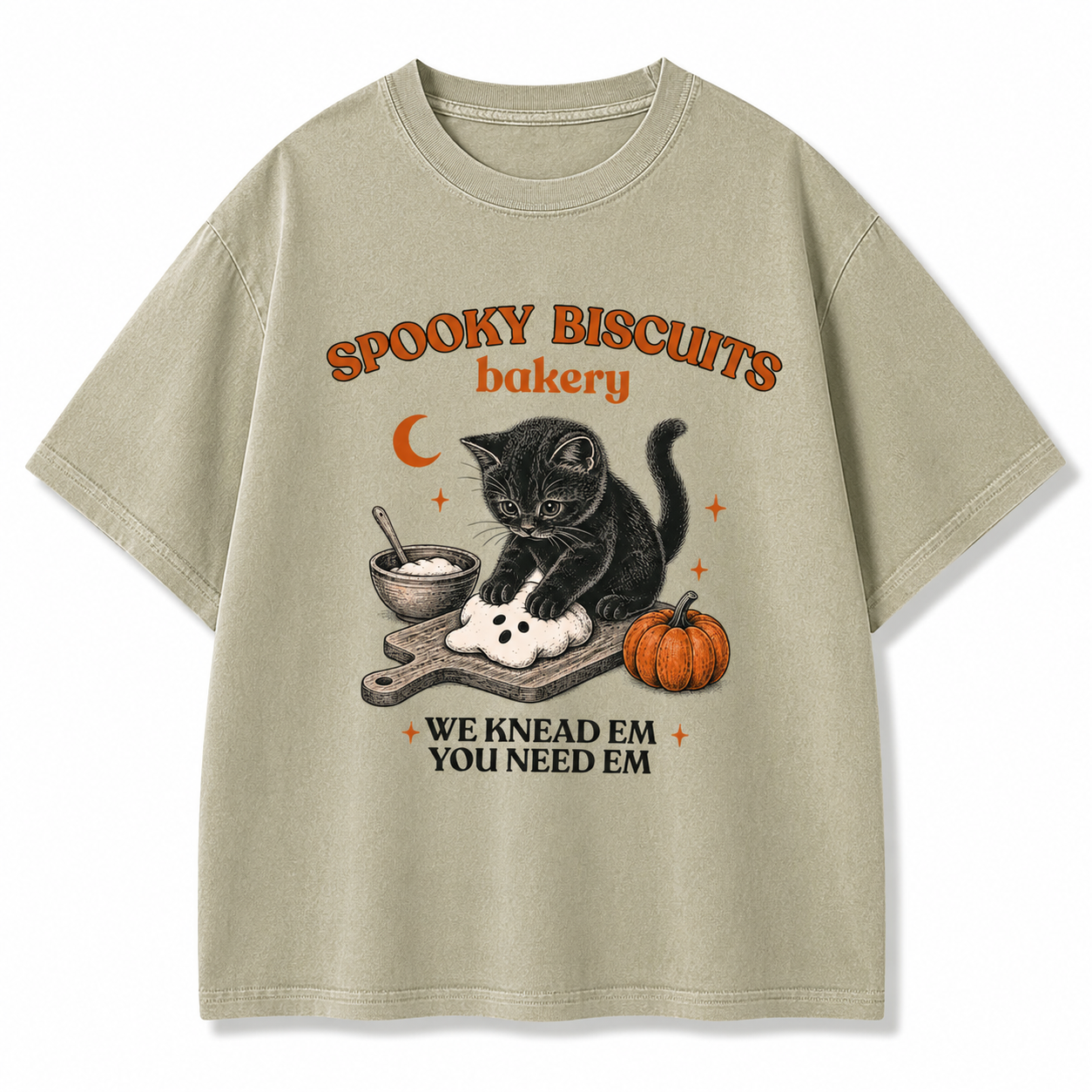Spooky Biscuits Halloween Shirt, Cute Black Cat Bakery Graphic Tee, Vintage Fall Oversized T-Shirt for Women