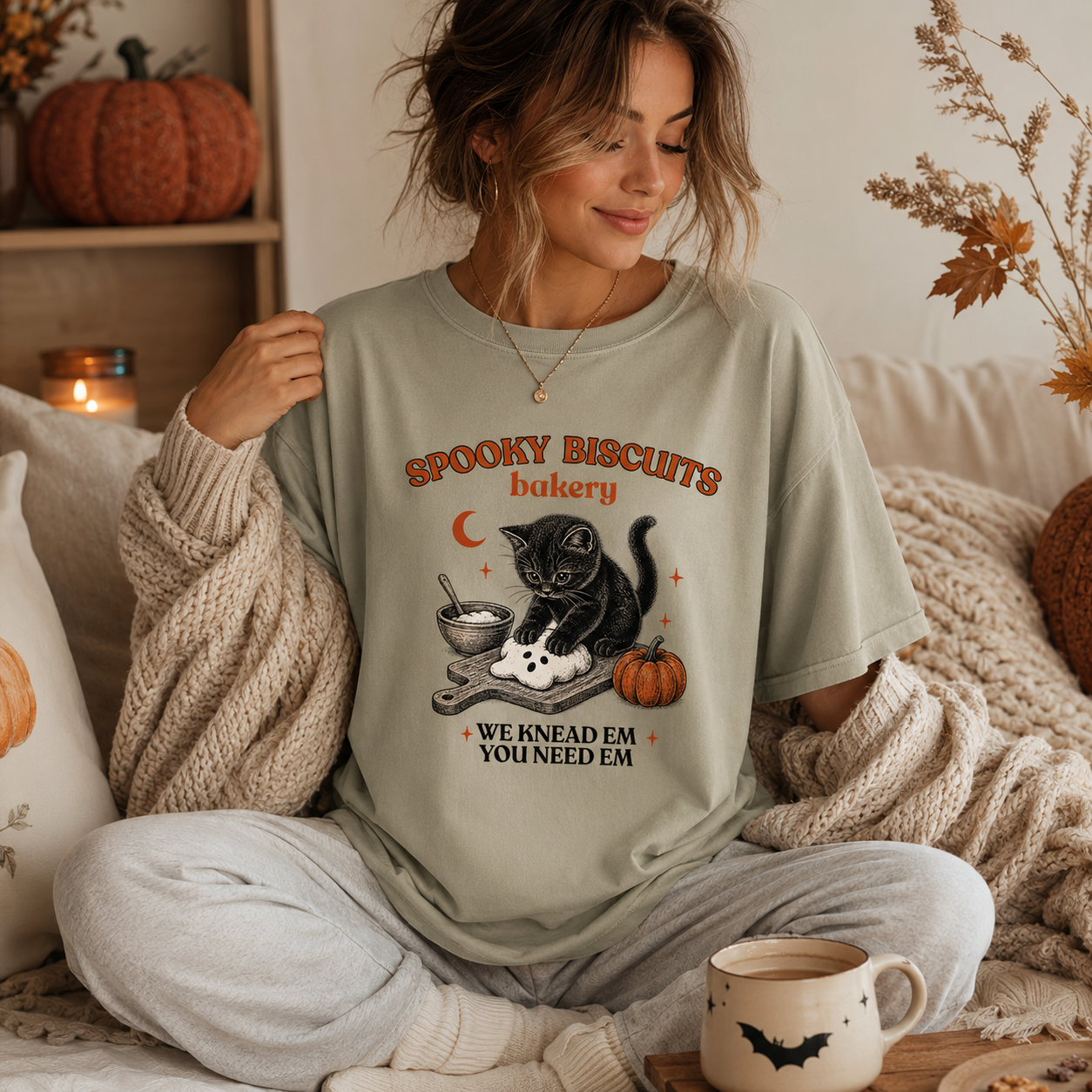 Spooky Biscuits Halloween Shirt, Cute Black Cat Bakery Graphic Tee, Vintage Fall Oversized T-Shirt for Women