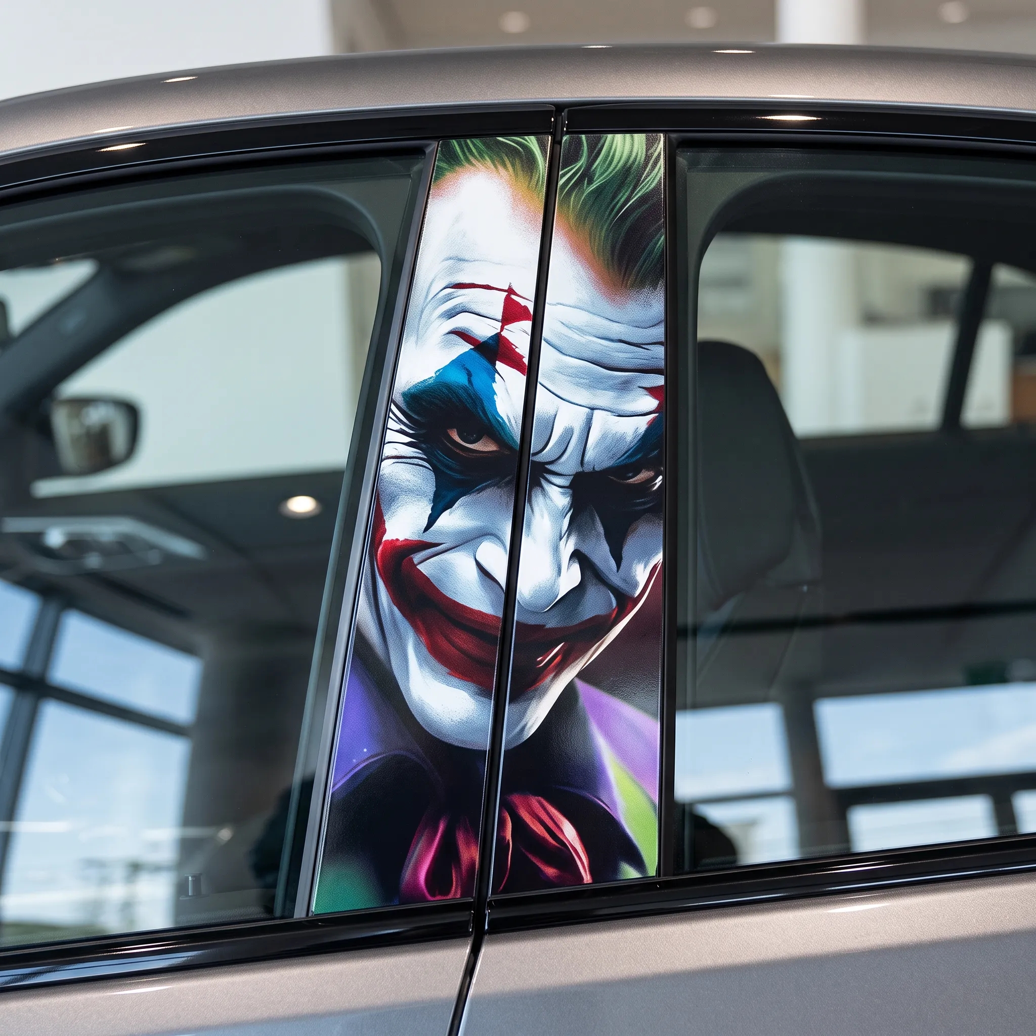 Neon Grin Clown Car Pillar Wrap – Colorful Horror Vinyl B-Pillar Decal