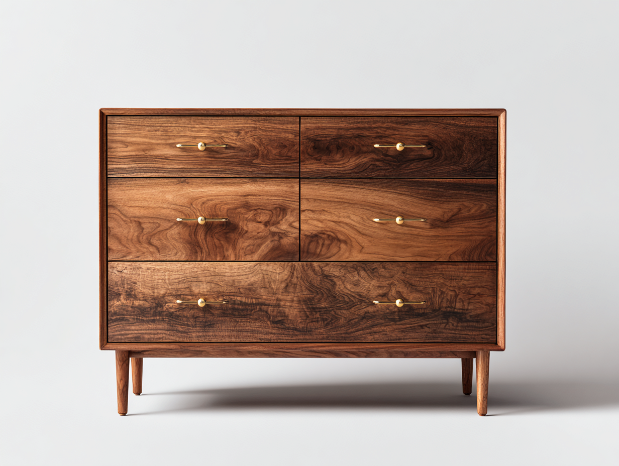 Cassettiera - Legno massello - 124x44x96 cm - Noce naturale - Stile mid-century moderno-Domojahaus