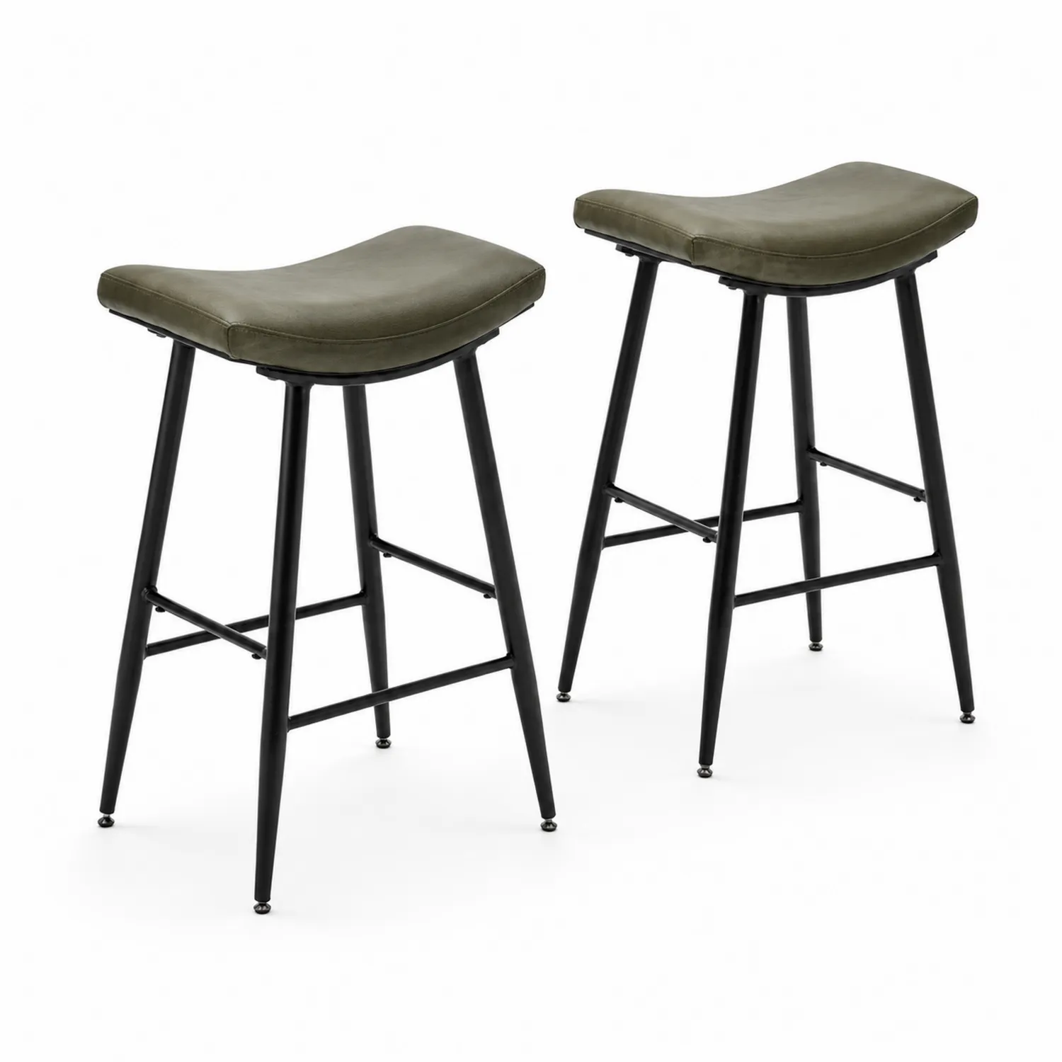 Lot de 2 tabourets de bar en cuir synthétique kaki et métal noir-urbanglowchic