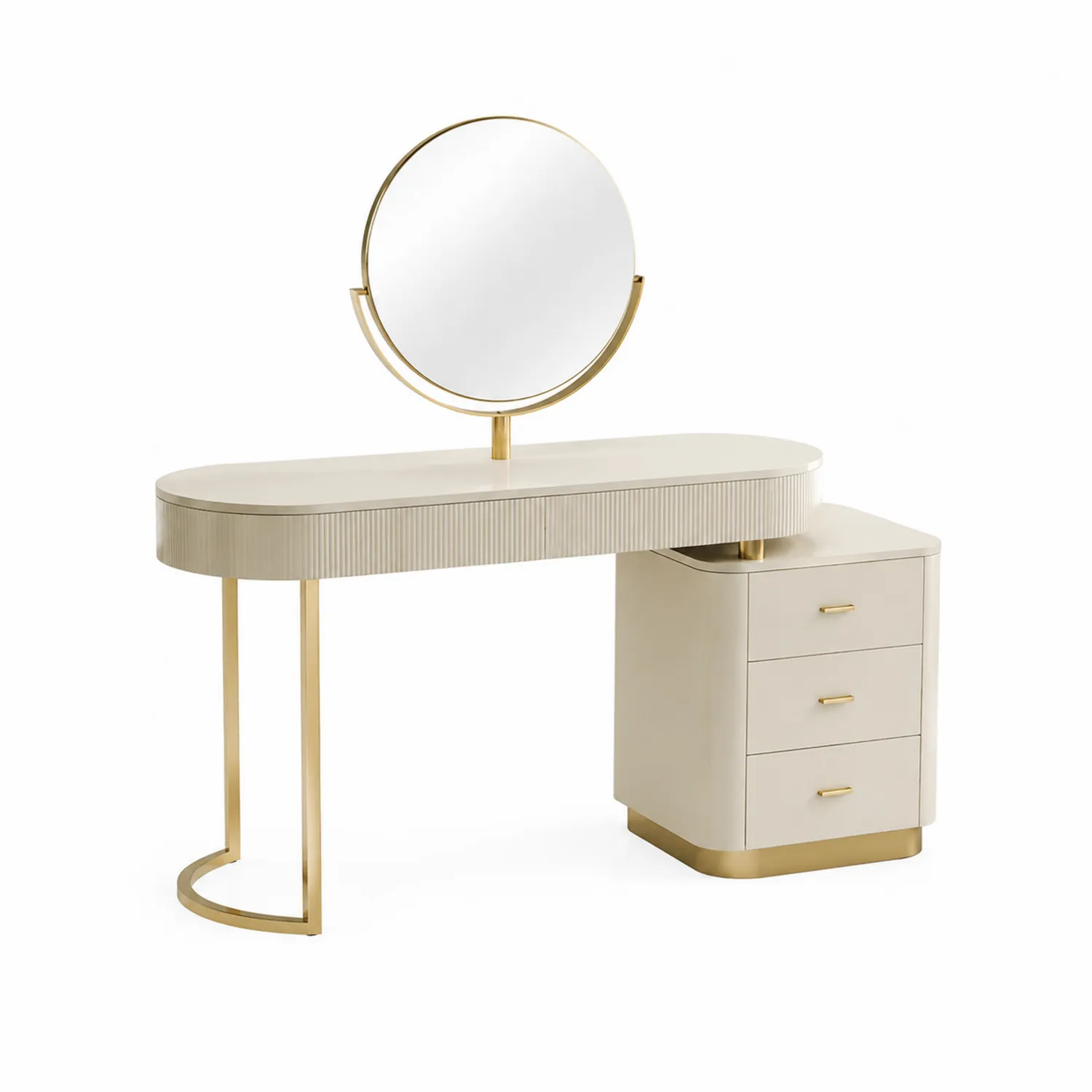 Coiffeuse en MDF et Métal Crème avec Miroir Rond et Tiroirs Dorés-urbanglowchic