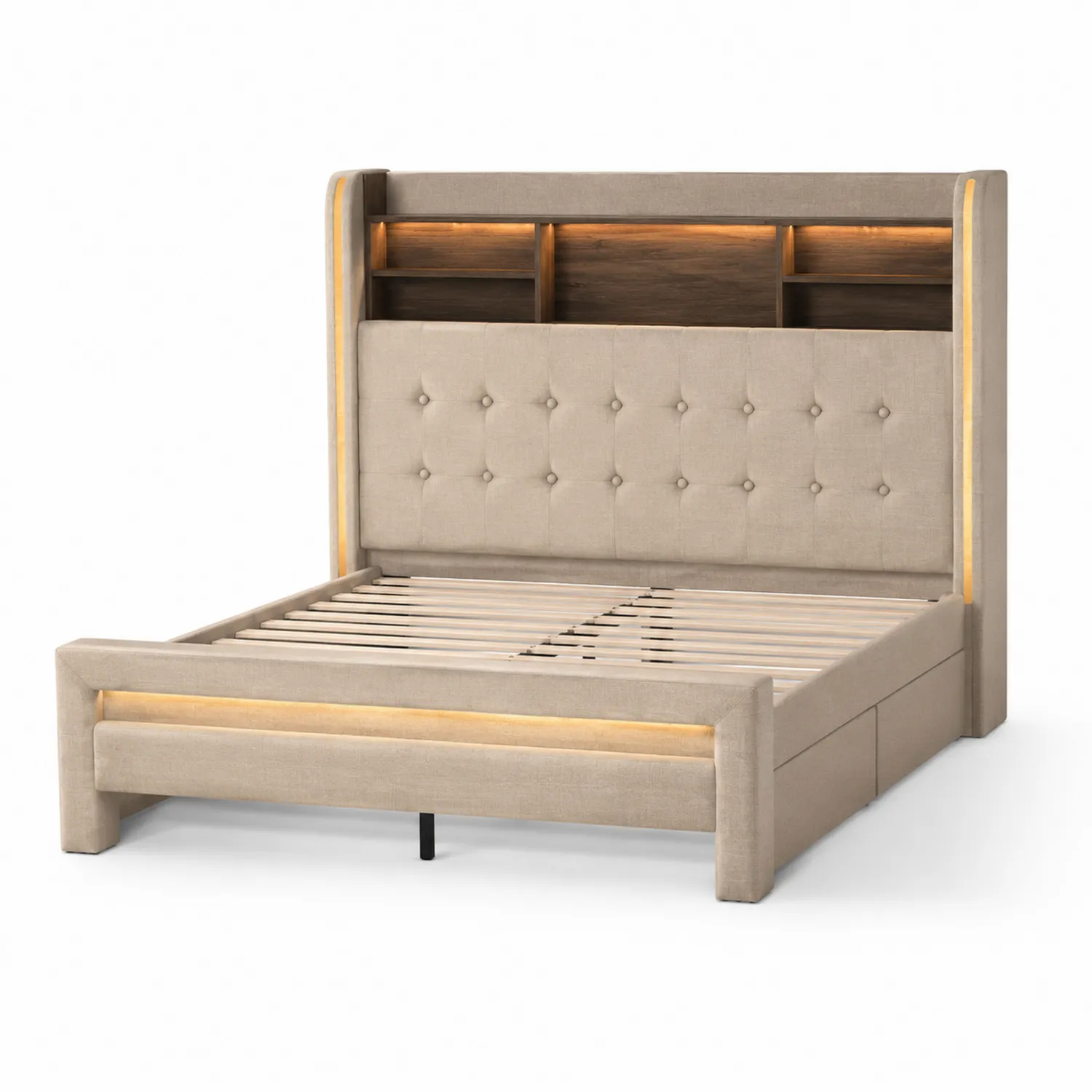 Lit en Tissu avec Rangement et Éclairage LED 160x200 cm-urbanglowchic