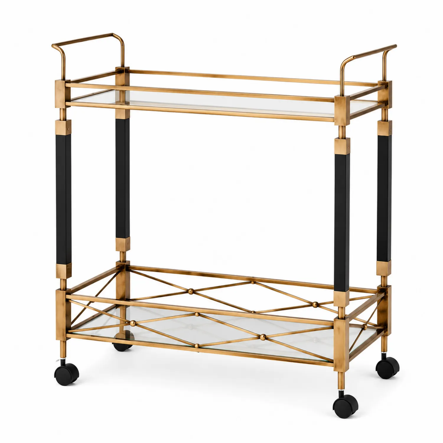 Chariot de bar en métal avec étagères en verre trempé doré et noir-urbanglowchic
