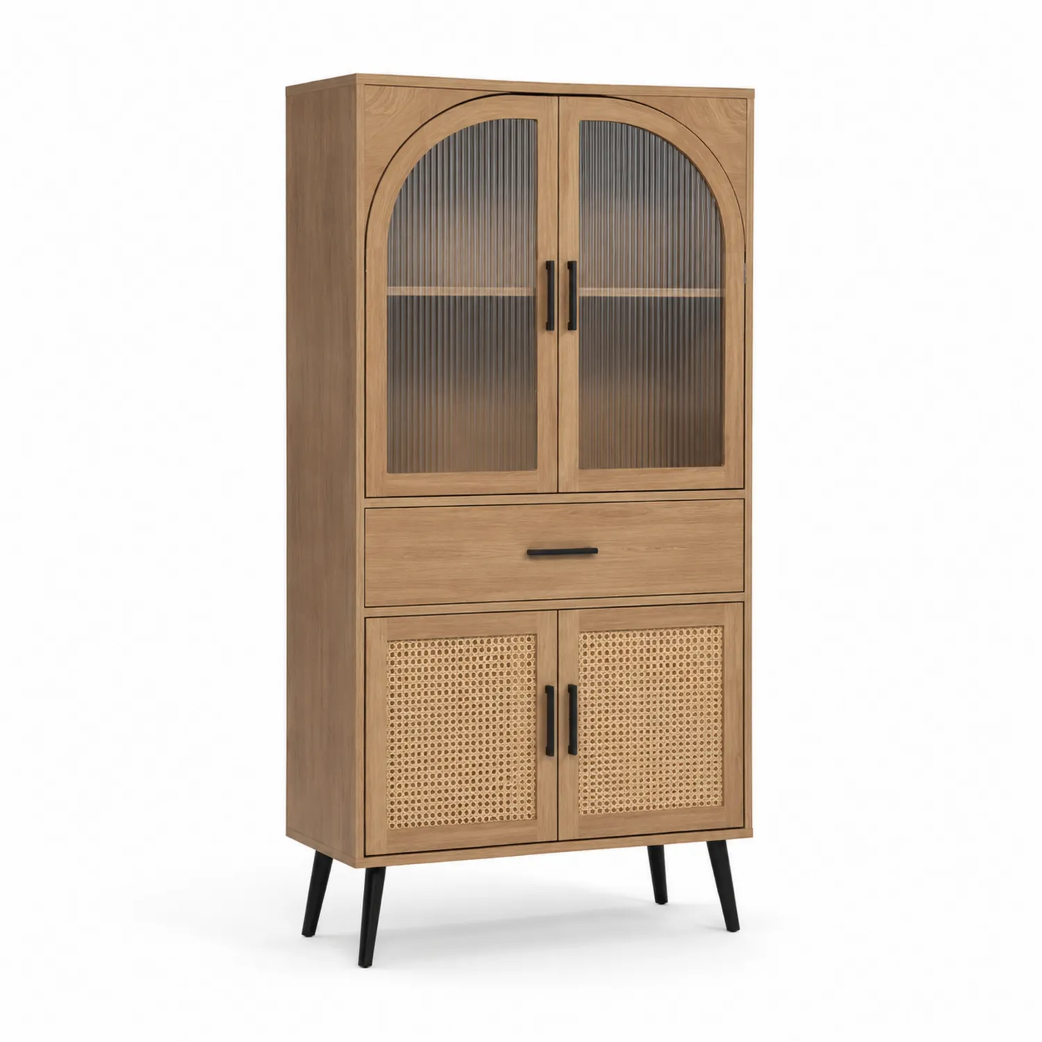 Buffet haut en bois avec portes en verre cannelé et rotin-urbanglowchic