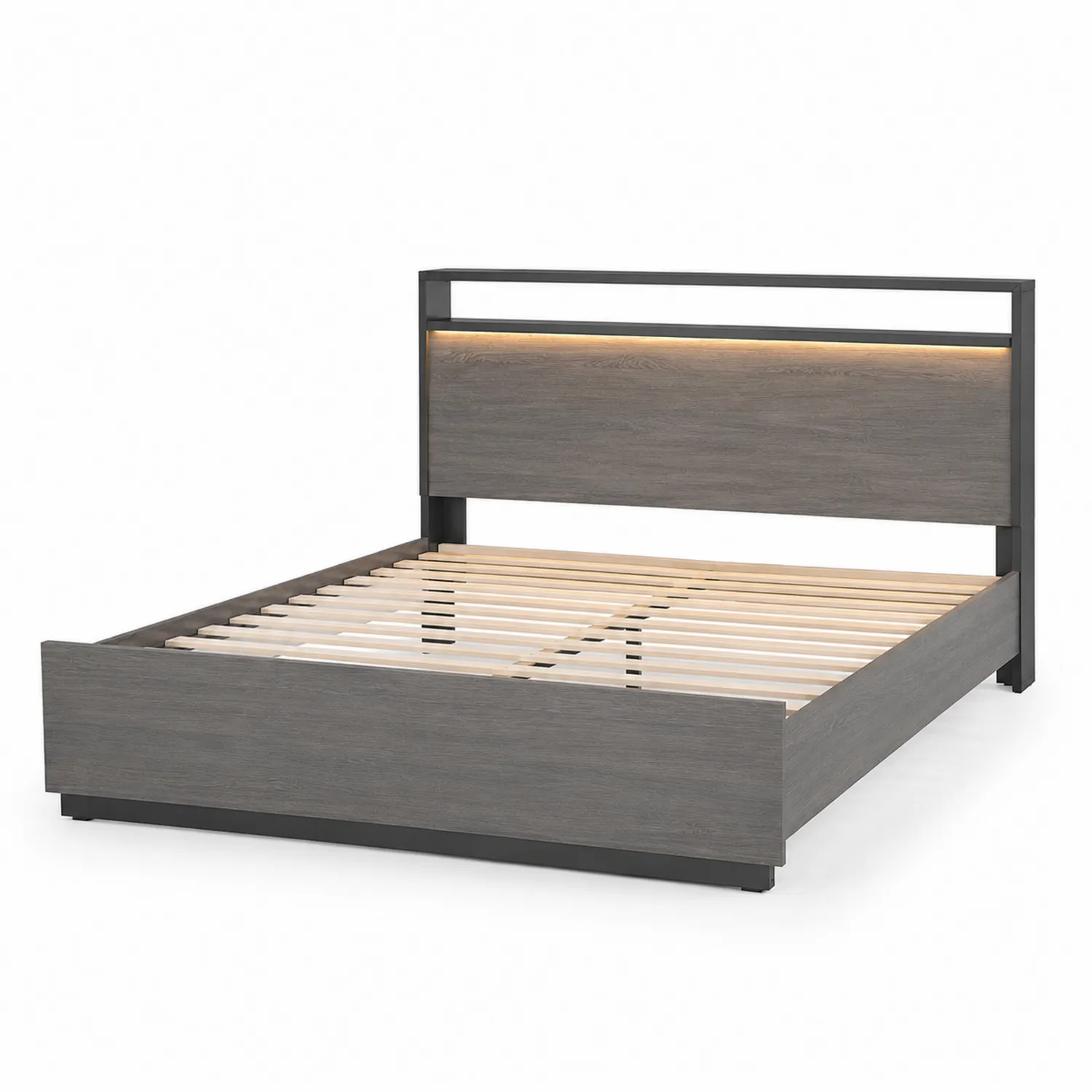 Lit en bois MDF avec cadre en métal et éclairage intégré 200x160 cm Gris-urbanglowchic